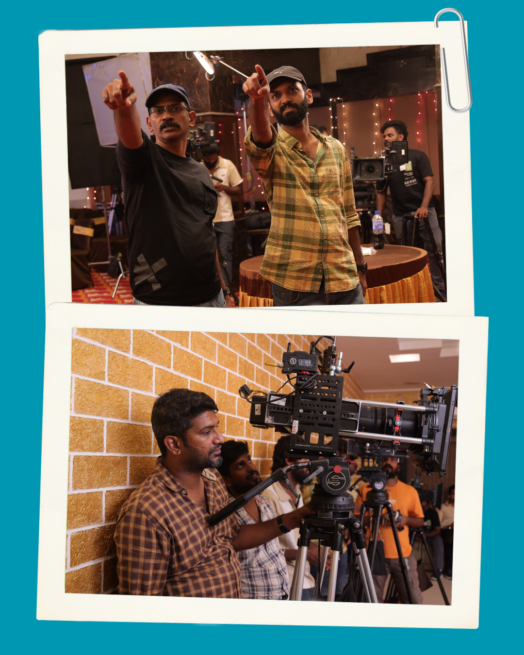 Two men on a film set point at the camera, with a boom mic and crew in the background behind them.