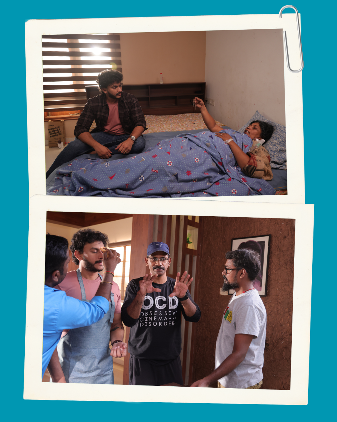Top panel: A young man in a pink shirt sits cross‑legged on a bed in a modest room, reaching toward an elderly woman lying under a blue patterned blanket; a small object dangles from his hand as she rests.