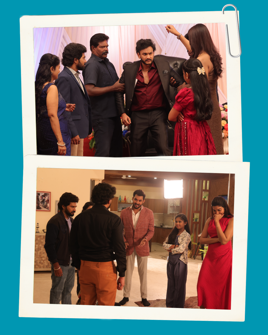 Collage on a teal background: top shows a tense confrontation among a group; bottom shows a man in a pink blazer speaking to a girl while a woman in red looks worried.