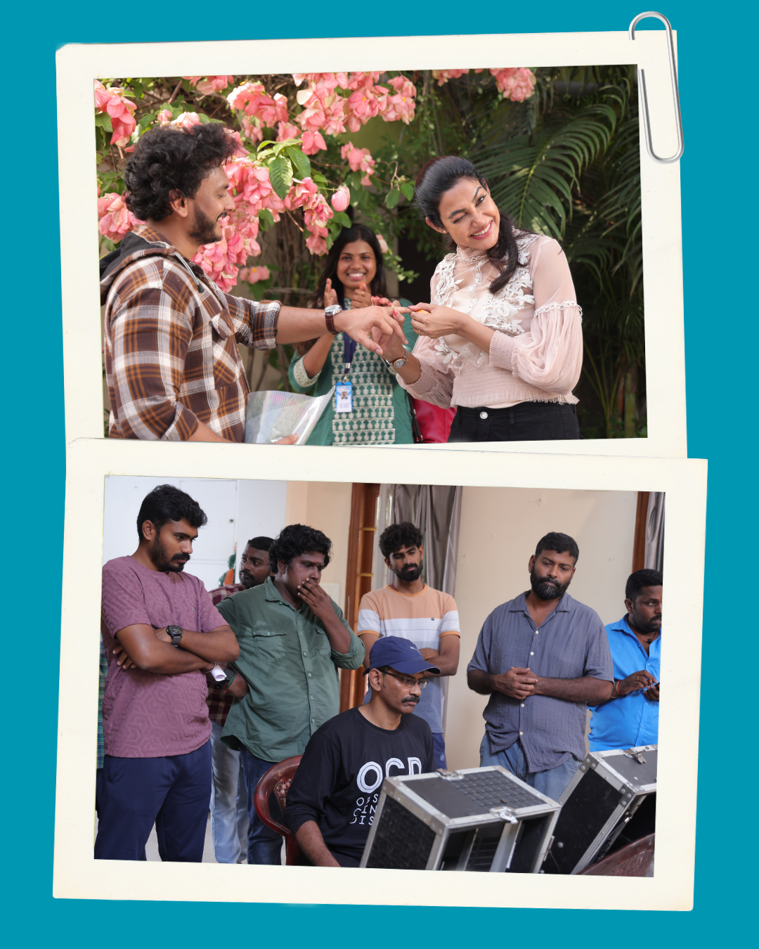 Collage: top shows a man handing a ring to a smiling woman outdoors among pink flowers; a spectator claps in the background. Bottom shows a group of men around audio equipment indoors, as if on a film set.