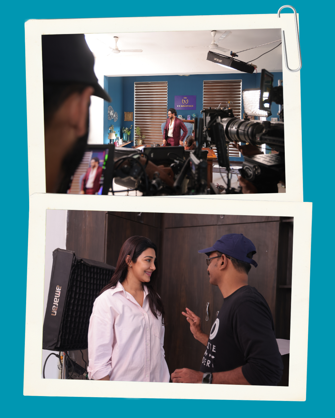 Collage of two behind-the-scenes shots from a video shoot: top shows a man in a burgundy suit on a blue office set with cameras; bottom shows a woman in a white shirt talking to a crew member on set.