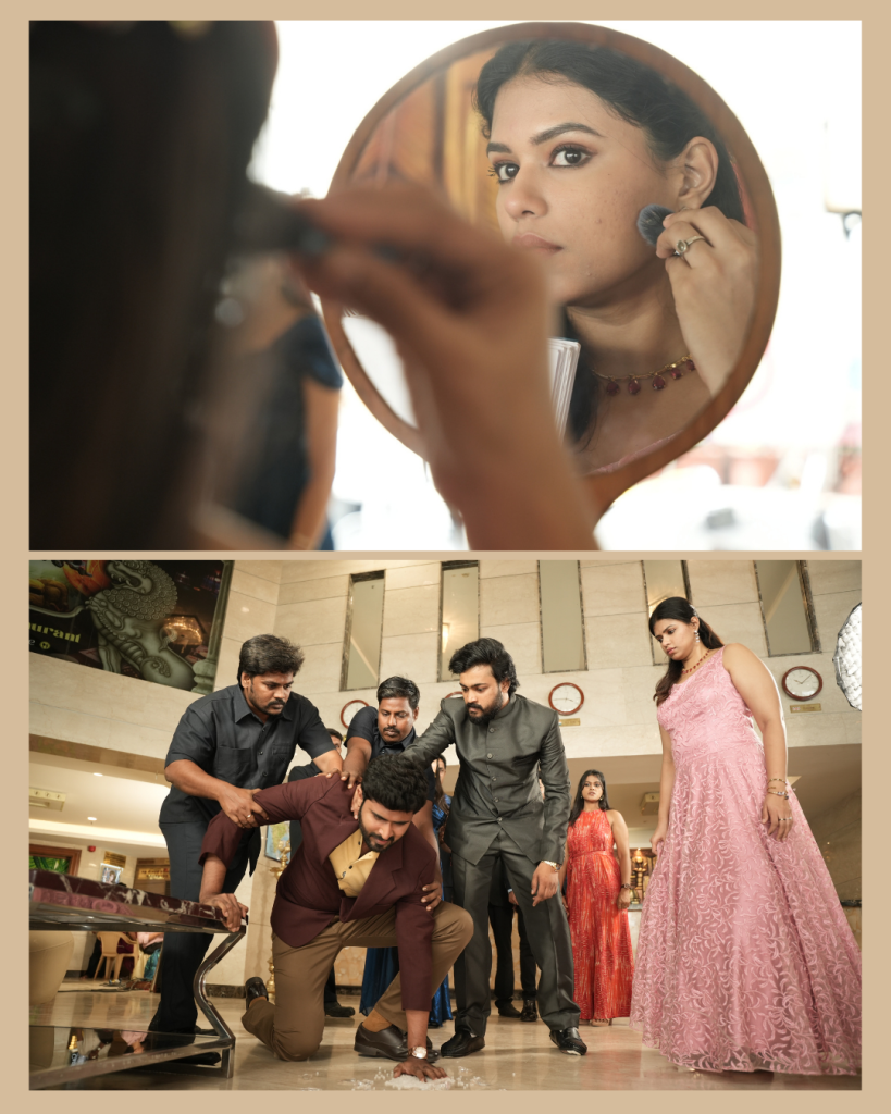 Top: woman applying makeup while looking into a round mirror. Bottom: group of men helping a man kneel on the floor at a celebration, with a woman in a pink dress watching.