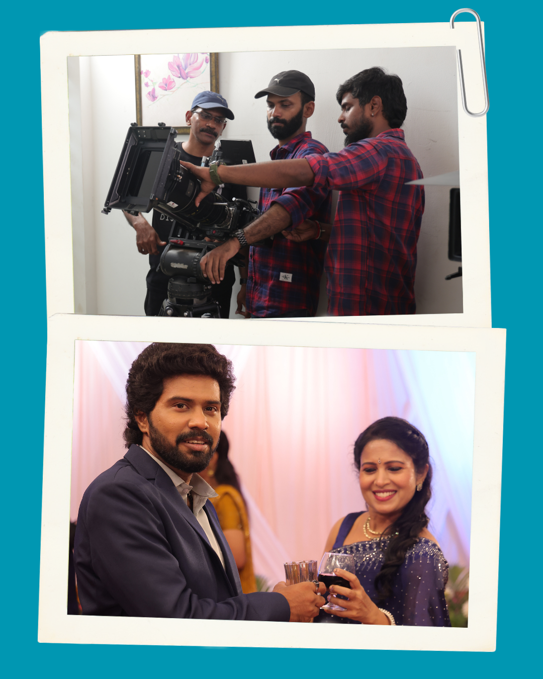 Three men operating a professional camera on a film set (top photo).