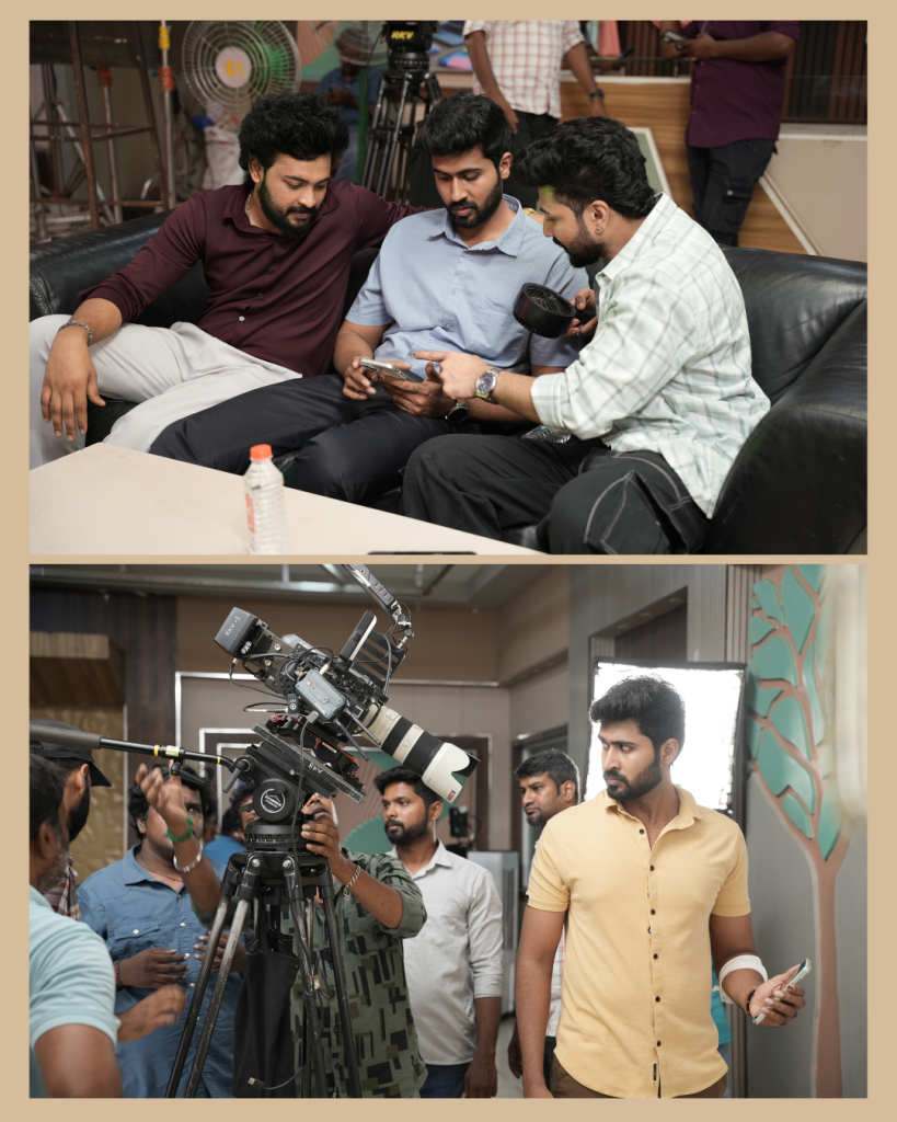 Two-panel image: top shows three men on a sofa looking at a smartphone together; bottom shows a film set with a large camera rig and crew around it.