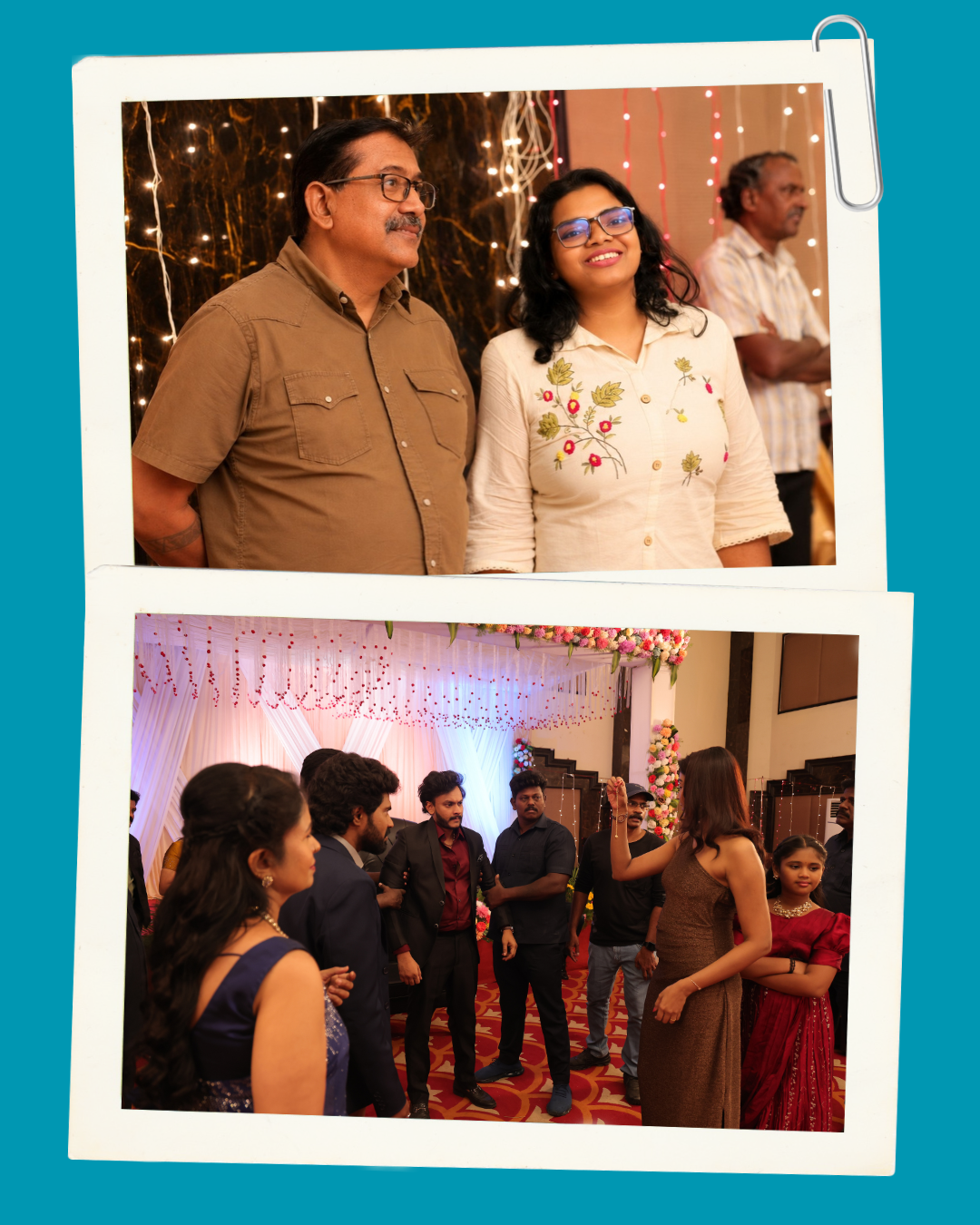 Two-photo collage from a celebration: top frame shows a smiling man and woman under warm lights, bottom frame shows guests mingling in a decorated ballroom with drapes and floral décor on a teal background.