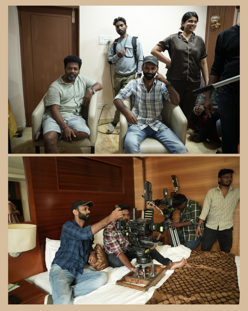 Top panel: group of five men in a hotel room, two seated in armchairs and three standing, casual clothing and relaxed poses.