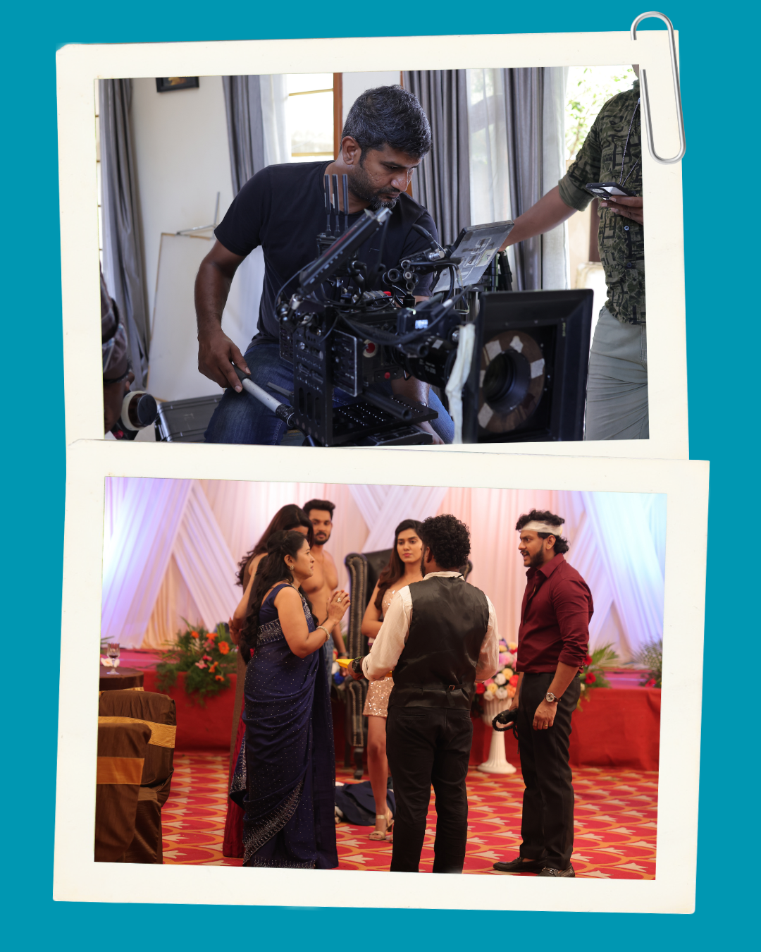 Collage of two photos: top shows a man operating a large film camera with a rig indoors, bottom shows a group of well-dressed guests conversing at a decorated event venue.