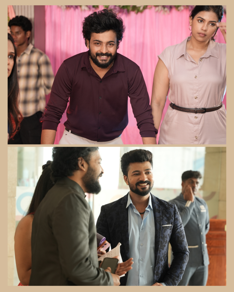 Two-panel collage: top shows a bearded man in a maroon shirt smiling, beside a woman in a light pink dress against pink decor; bottom shows a man in a dark floral blazer smiling while chatting in a bright lobby.