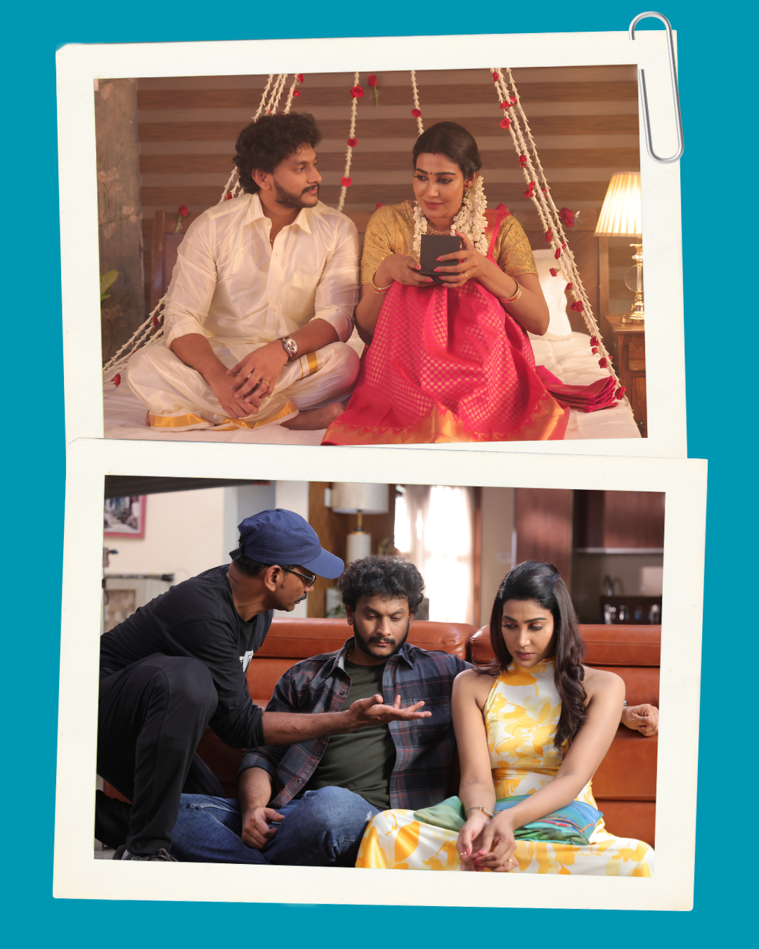 Top photo: couple on a hanging swing indoors; woman in pink saree shows a phone to her partner.