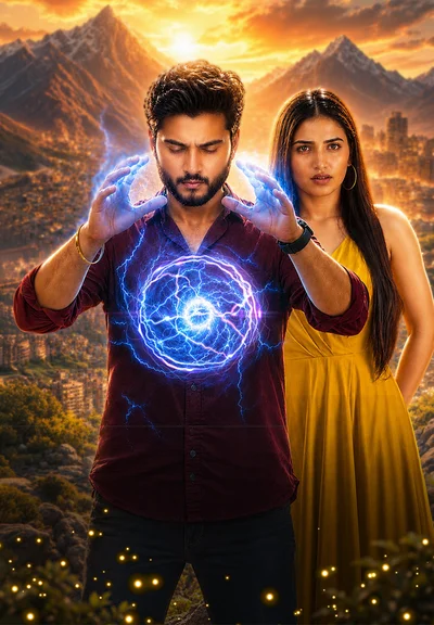 Man conjures glowing blue energy with hands, woman behind him, with a sunset mountain cityscape in the background.