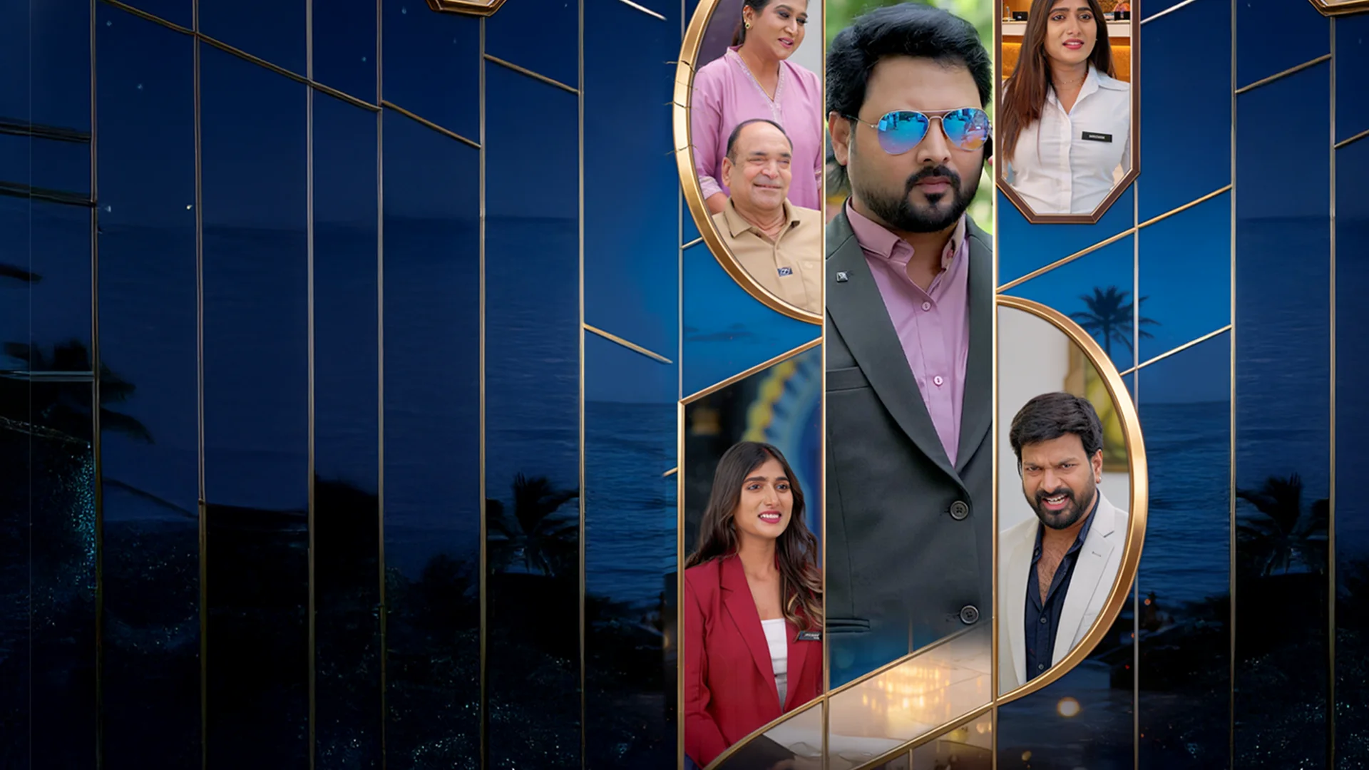 Group collage of diverse professionals in suits and business attire framed by gold circles on a dark blue glass building at night.