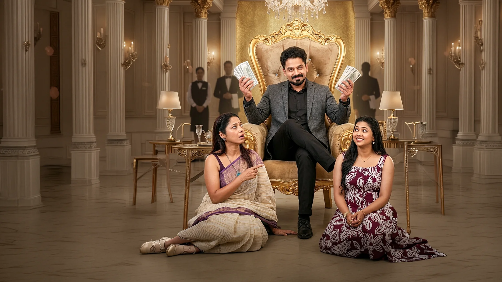 Man seated on an ornate gold throne counts stacks of cash while two women sit on the floor beside him in a luxurious ballroom setting.