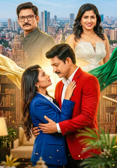 Romantic movie poster with a couple embracing in the foreground; a man in red and a woman in blue, with two others and a city skyline in the background.