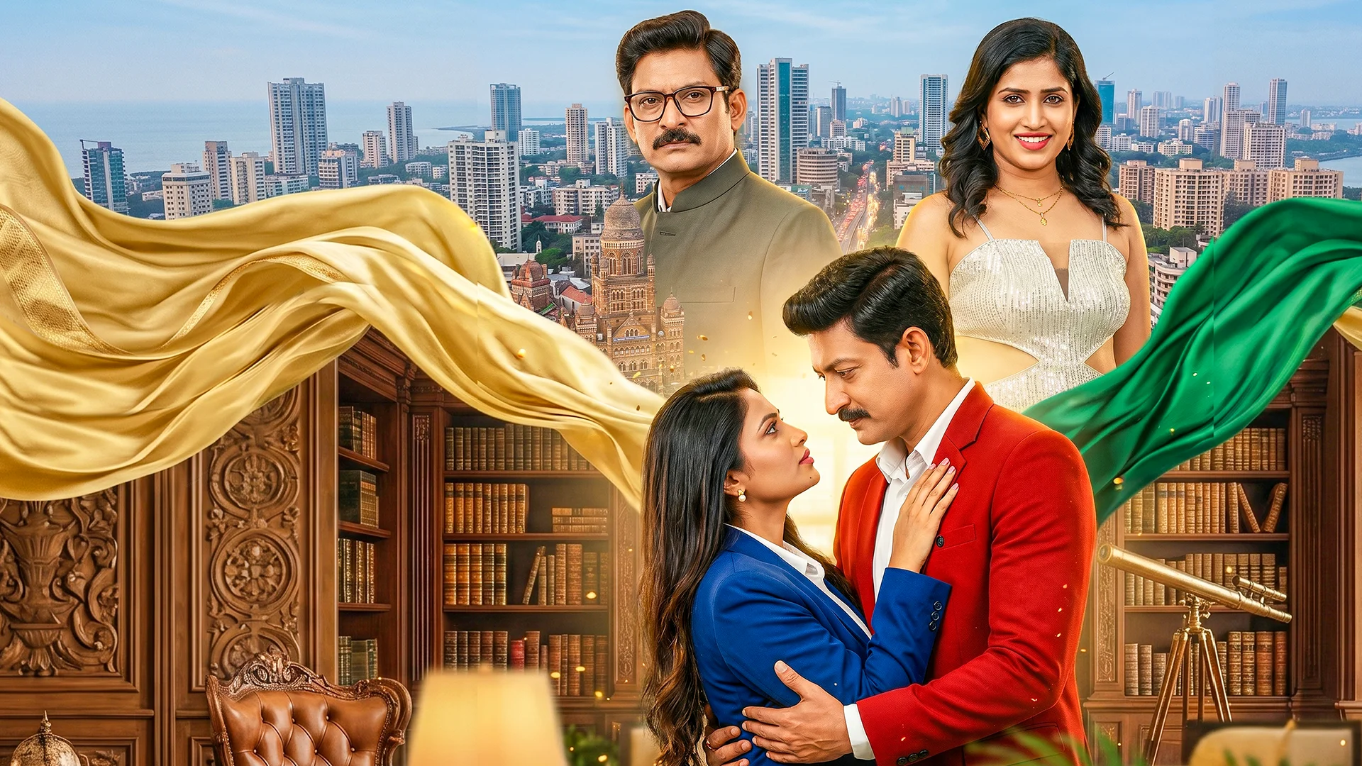 Romantic couple embraces in a luxurious library, with a city skyline and flowing gold and green fabric in the background.