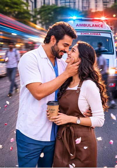 Couple sharing a kiss in front of an ambulance with flashing red and blue lights; the man holds the woman's face as she holds a coffee cup.